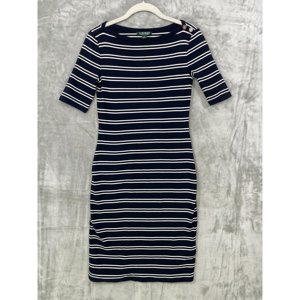 Lauren Ralph Lauren Sheath Dress Small Navy White Striped Cotton Preppy Nautical